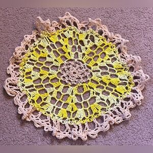 VTG HAND CROCHETED DOILY 14.5” Pink Yellow Gradient Vintage Handmade